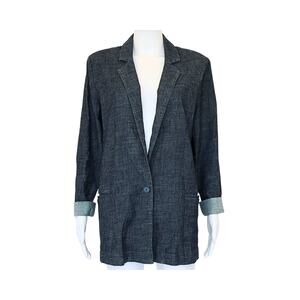 One Button Notch Lapel Linen Blazer - Dark Blue - S